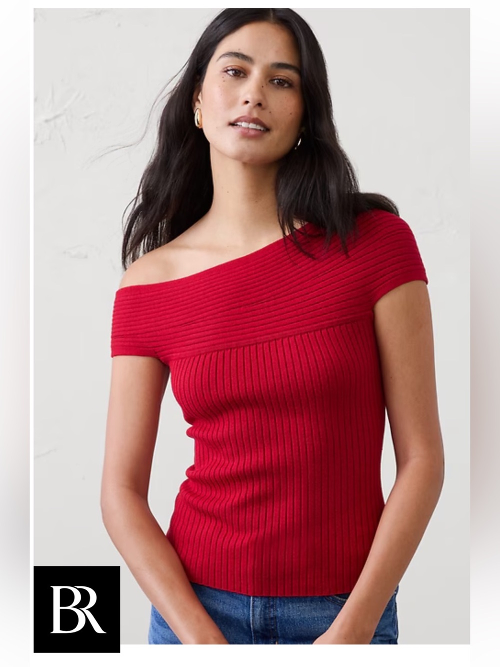 Banana Republic Red Ribbed Off-Shoulder Knit Top